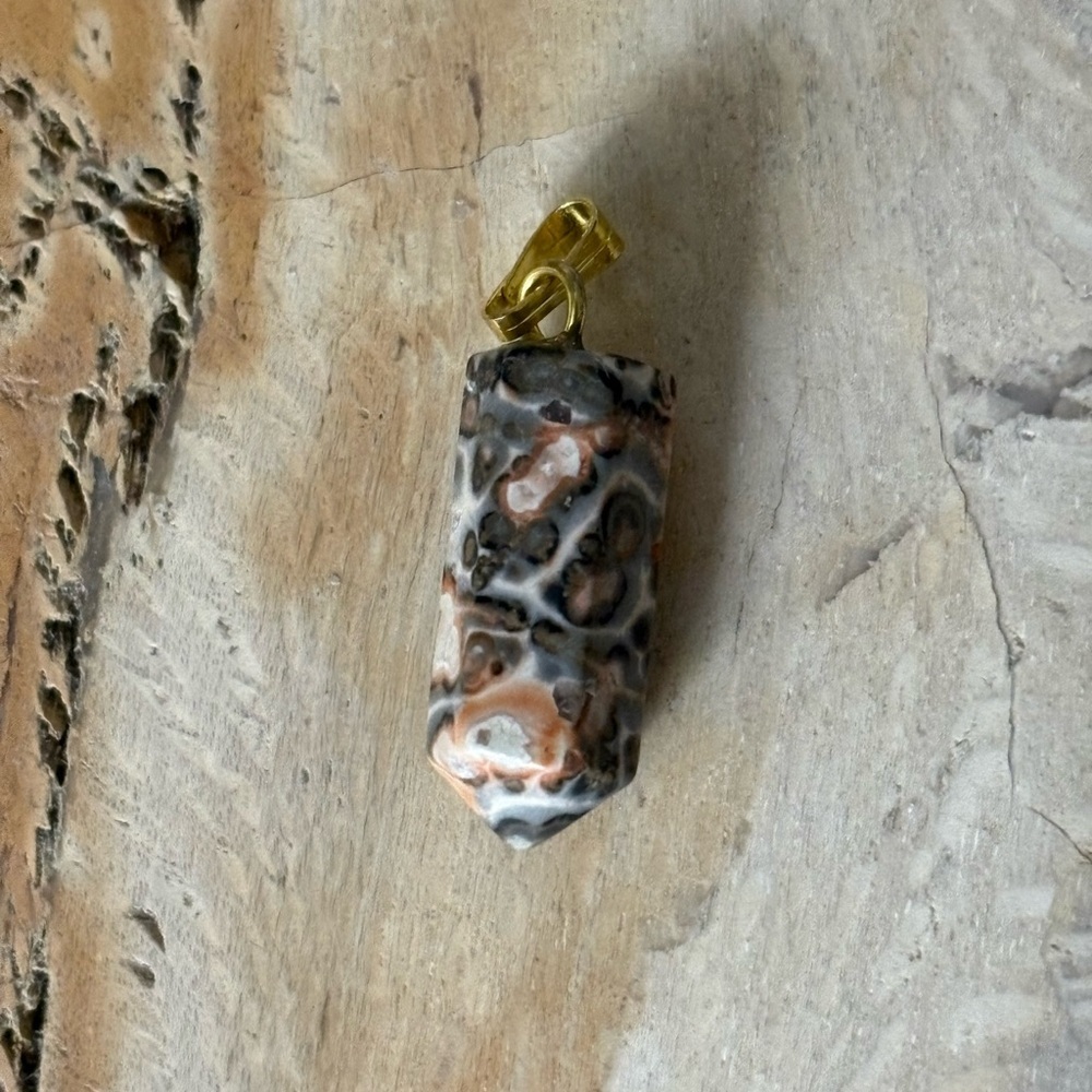 Leopard Skin Jasper Hexagonal Point Gold Chakra Pendant Necklace